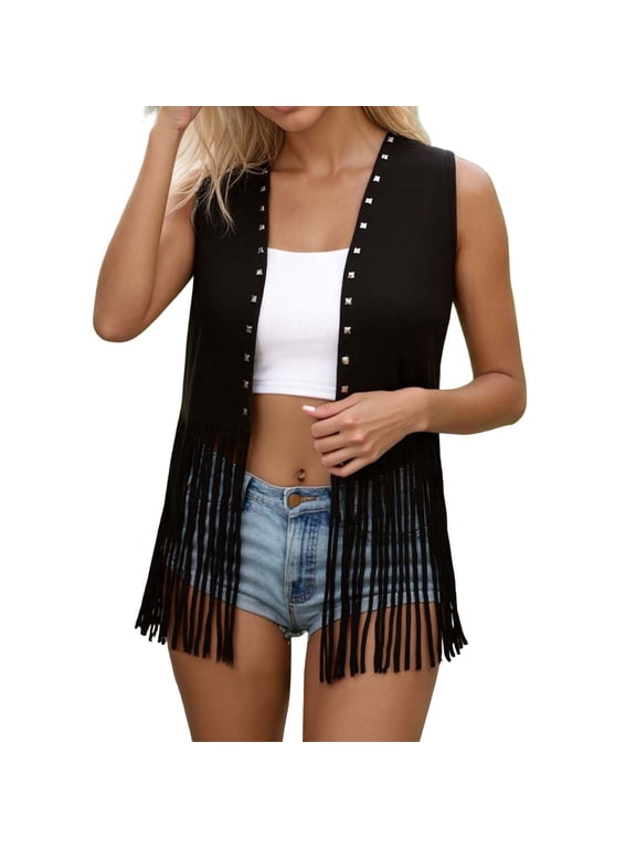 Women's Fringe Vest Cardigan 70s Hippie Rivets Tassel Sleeveless Studded Jacket