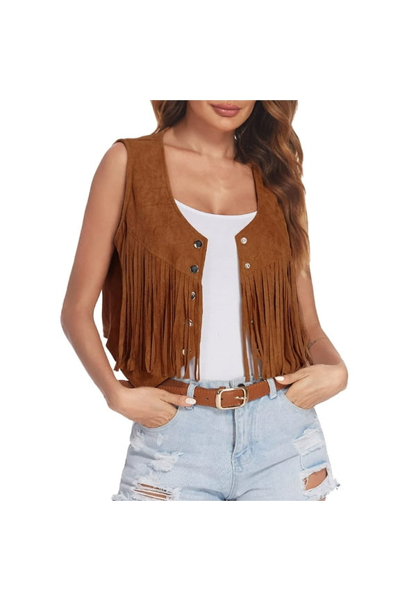 Women's Fringe Vest Crop Jacket Vintage Hippie Suede Tassel Cardigan Western Cowgirl Vests Sleeveless Outerwear