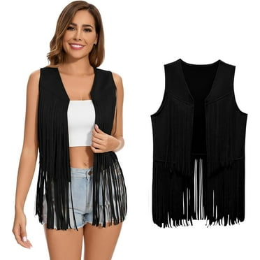 Women's Fringe Vest Sleeveless Faux Suede Tassel Leather Jacket Cardigan