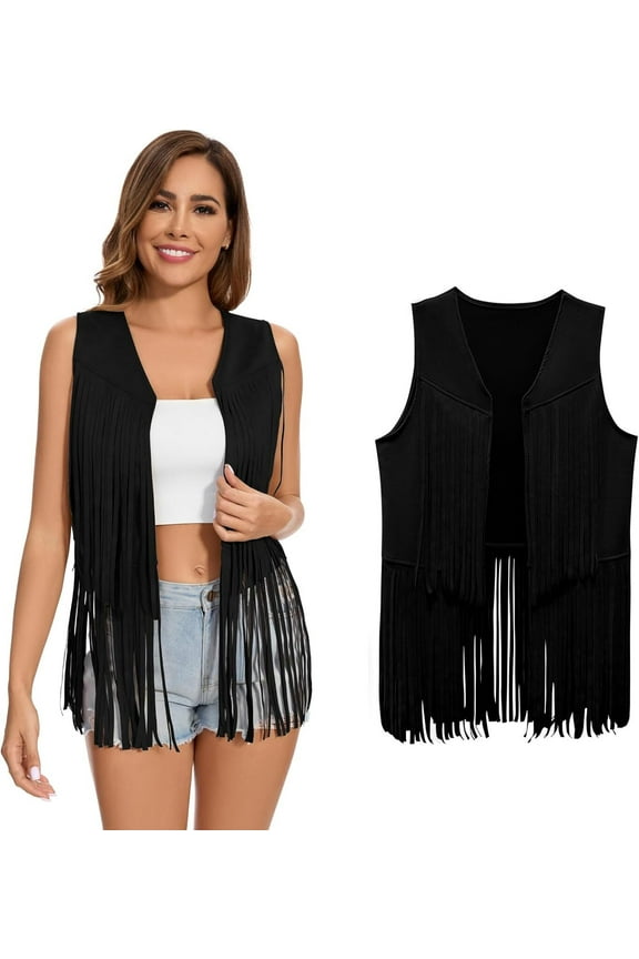 Women's Fringe Vest Sleeveless Faux Suede Tassel Leather Jacket Cardigan