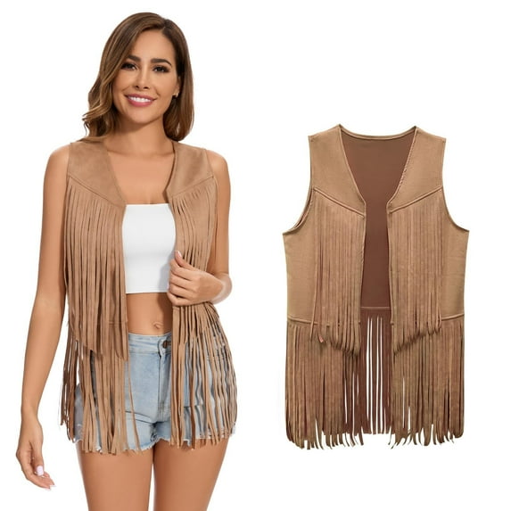 Women's Fringe Vest Sleeveless Faux Suede Tassel Leather Jacket Cardigan