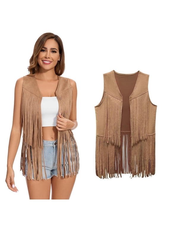 Women's Fringe Vest 60s 70s Hippie Vest Sleeveless Cowgirl Western Faux Suede Tassel Leather Jacket Hippie Party