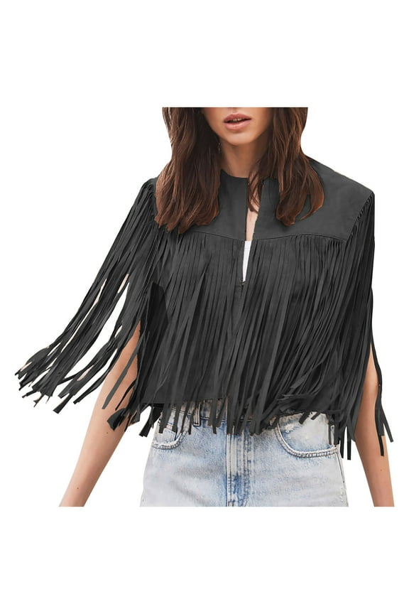 Women's Fringe Vest Vintage 70s Hippie Cropped Jackets Sleeveless Boho Tassels Jacket Pleather Open Front Cardigan