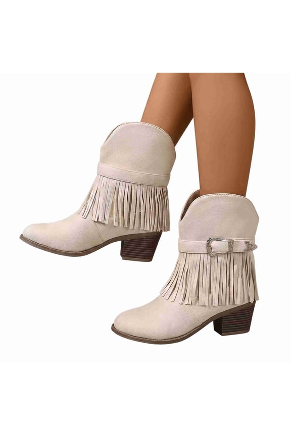 Women's Fringe Western Ankle Boots, Round Toe Cowboy Boots Block Heel Booties