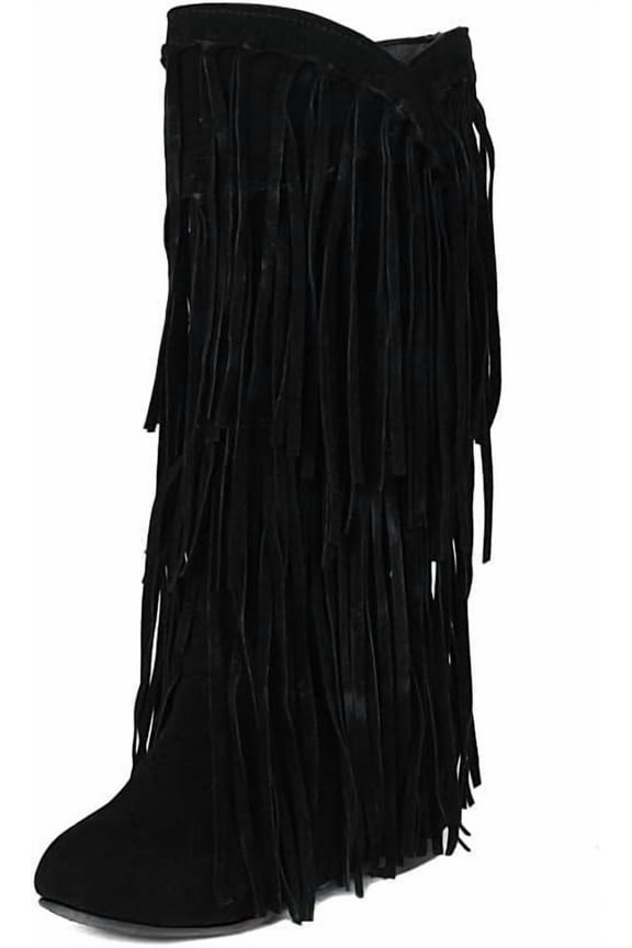 Women's Fringe Western Boots Ladies Fashion Hidden Heel Knee-high Boots Casual Round Toe Platform Tassel Boots