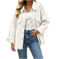 thumbnail image 1 of Women's Fringed Hem Denim Jacket, Lapel Button Front Long Sleeve Oversized Jean Shacket with Chest Pockets Casual Outerwear White-AB M(M), 1 of 8