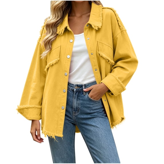 Women's Fringed Hem Denim Jacket, Lapel Button Front Long Sleeve Oversized Jean Shacket with Chest Pockets Casual Outerwear Yellow-AB S(S)