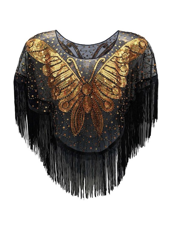 Women's Fringed Sequined Mesh Cropped Round Neck Shawl Casual Versatile Tassel Cape Small Outer Wear Wrap,Black gold