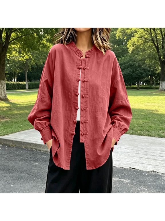 Women's Frog Button Mandarin Collar Shirt Long Sleeve Lantern Sleeve Loose Cotton Blouse Casual Open Front Top M