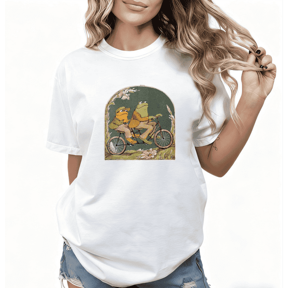 Women's Frog & Toad Bicycle Cotton Tee Casual Top Book Character Graphic Short Sleeve Round Neck White S-5XL