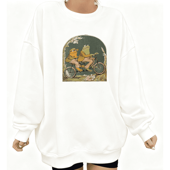 Women's Frog & Toad Bicycle Sweatshirt Casual Top Retro Book Graphic Breathable Round-neck long-sleeved white S-3XL