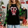 thumbnail image 1 of Women's Christmas Candy Cane Bow Long Sleeve Top, Black with Red Plaid Sleeves, Festive Sparkle Graphic, Casual Holiday Wear, 1 of 4