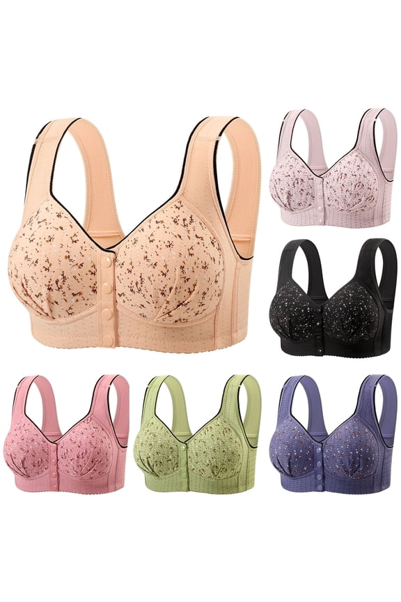 Women's Front Buckle Print Bra Seamless Wireless Lingerie, Floral Pattern Bralette, Easy Closure Push Up Underwear, Breathable Soft Support Vest, Smooth Comfort Sleep Top, Everyday Shaping Bra