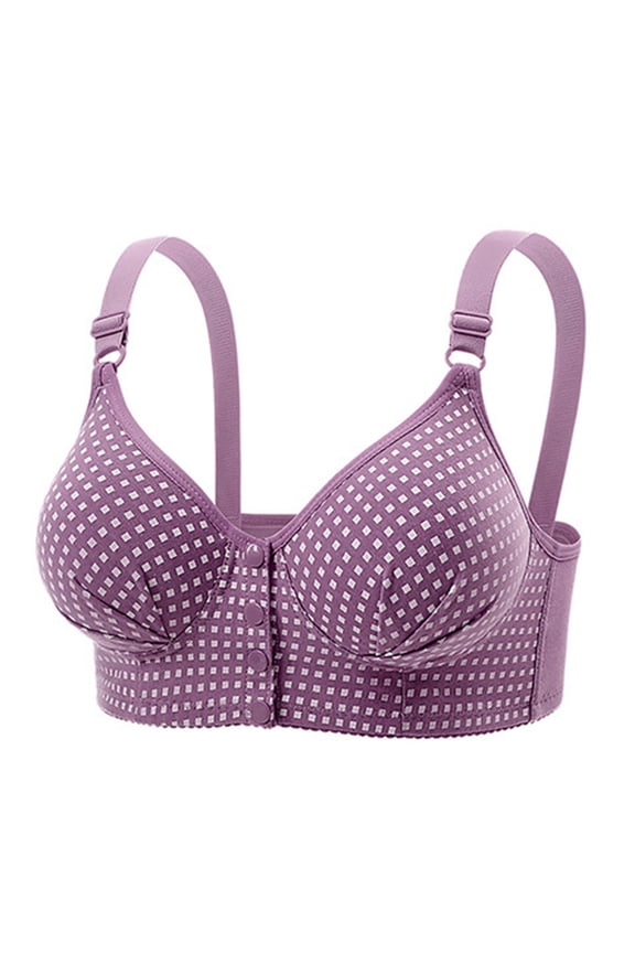 Women's Front Button Closure Bras Plaid Print Adjustable Strap Wireless Supportive Comfort Daily Bras Purple 40