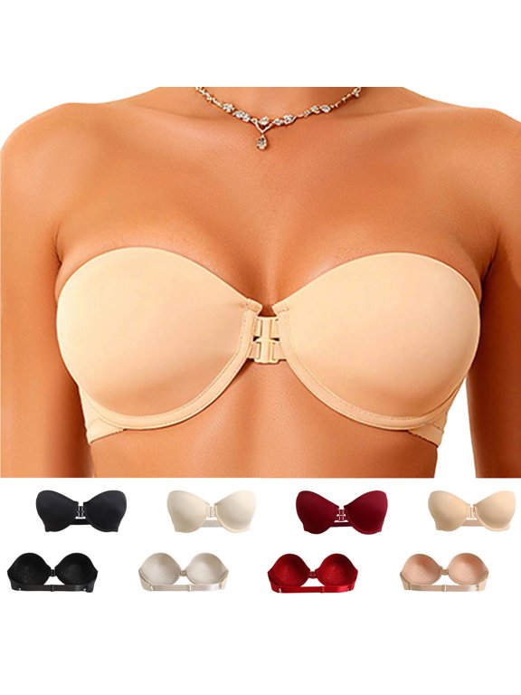 Women's Front‑Button Strapless Underwire Bra, Solid‑Color Adhesive Bandeau Bra, Soft Breathable Adjustable for Wedding Banquet formal Dress Dating Daily Commuting Wear Khaki XS