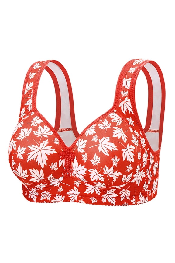 Women's Front Closure Bra No Underwire Full Coverage Bralette Maple Leaf Print Everyday Bras Daisy Comfort Tshirt Bra