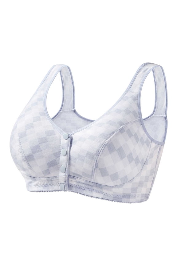 Women's Front Closure Bra Wireless No Underwire Plaid Cotton Bra Wide Straps Full Coverage Comfortable Post Surgery Bra