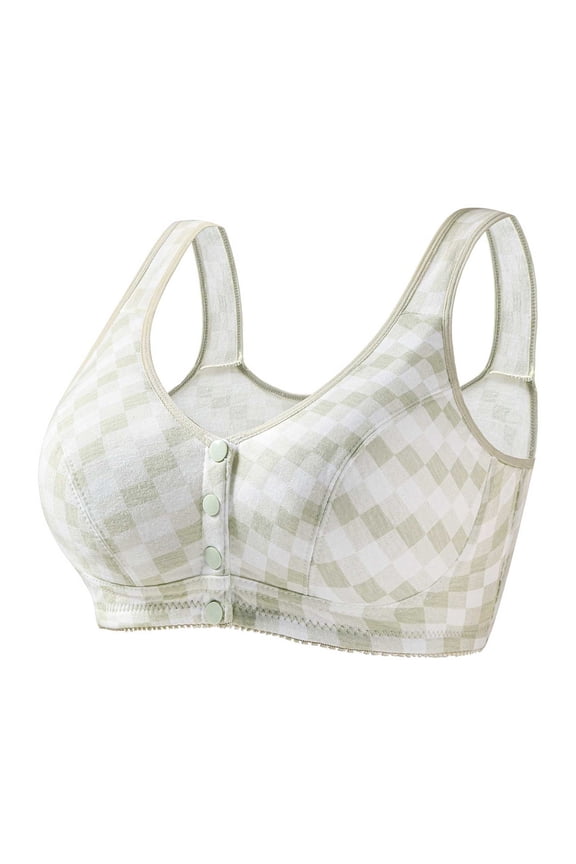 Women's Front Closure Bra Wireless No Underwire Plaid Cotton Bra Wide Straps Full Coverage Comfortable Post Surgery Bra