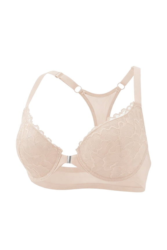 Women's Front Closure Bras Posture Full Coverage Plus Size Lace Underwire Unlined Bra Beige 80B