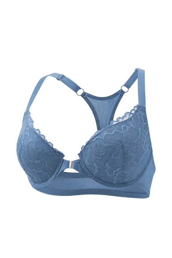 Women's Front Closure Bras Posture Full Coverage Plus Size Lace Underwire Unlined Bra Blue 75B