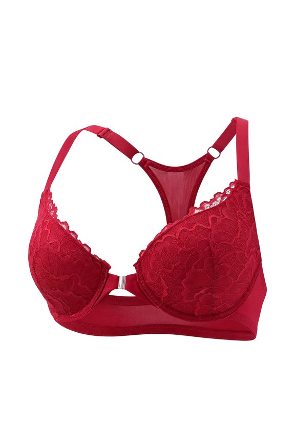 Women's Front Closure Bras Posture Full Coverage Plus Size Lace Underwire Unlined Bra Red 85D