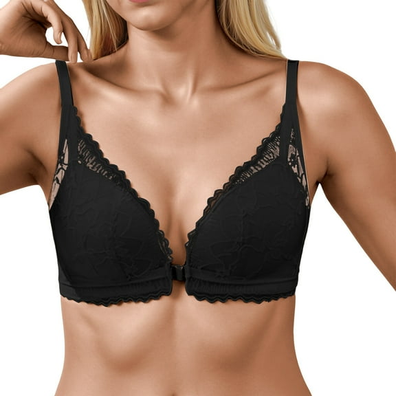 Women's Front Closure Lace Bralette Wireless Comfort Bra Soft Padded Everyday Wear Seamless Support Underwear