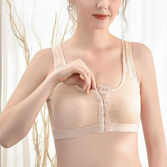 Women's Front Closure Posture Bras Wirefree Underwear Back Support Full Coverage Bra Breathable Comfortable Large Size Running Vest Bras Khaki S