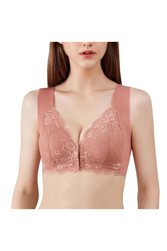 Women's Front Closure Push Up Bra Thick Padded Underwire T-Shirt Bras Floral Lace