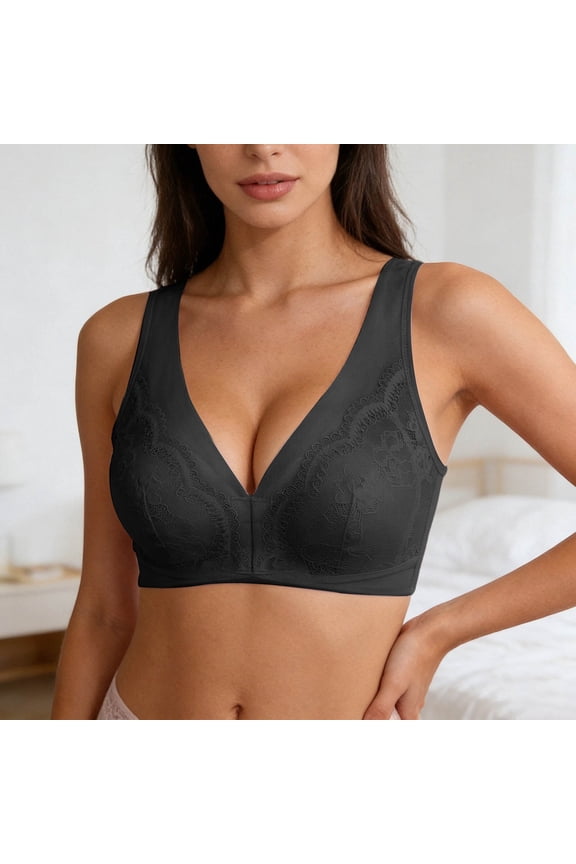 Women's Front Closure Rabbit Ear Cup Bra Ultra Thin Breathable Lace Wireless Push Up Anti Sagging Soft Support Comfortable Daily Wear Bralette Black M