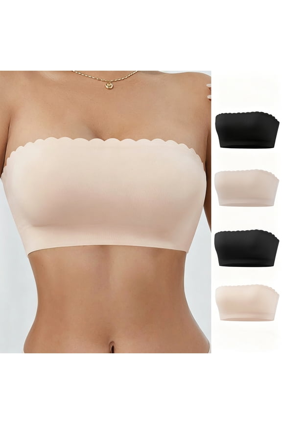 Women's Front Closure Strapless Bra Scallop Trim Wireless Bandeau Comfy Tube Top Bras Featuring Seamless Padded Cups Complexion 34