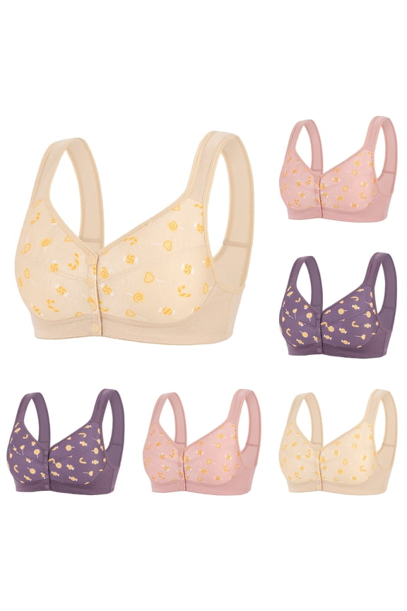 Women's Front Closure Wireless Bra with Cute Candy Print and Snap Buttons Featuring Soft Full Coverage Cups for Daily Comfort Easy Wear Pink 40