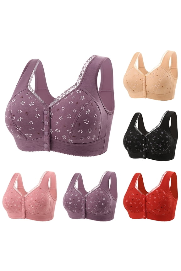 Women's Front Closure Wireless Bra with Delicate Floral Print and Snap Buttons Featuring Soft Full Coverage Cups Black 36