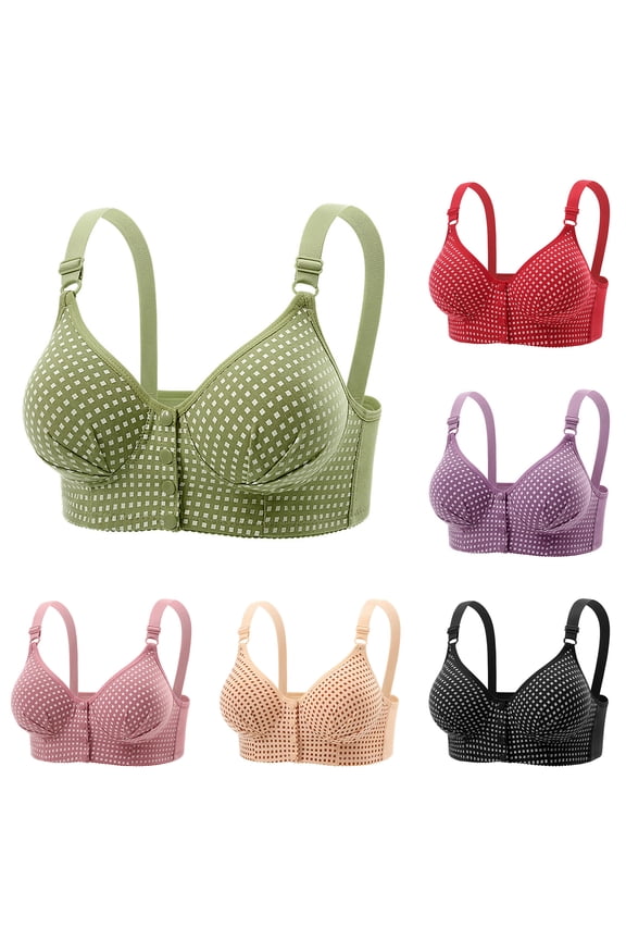 Women's Front Closure Wireless Bra with Geometric Grid Print and Snap Buttons Featuring Soft Full Coverage Cups Black 44