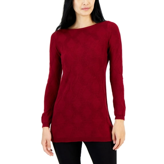 Women's Front Diamond-Stitch Tunic Sweater Red Burgundy XL