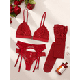 thumbnail image 1 of Women's Front-Open Romantic Lace Halter Bra and Lace Panty Garters Thigh-high Socks Red Lingerie Set, 1 of 6