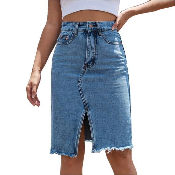 Women's Front Slit Blue Denim Skirt Pockets High Waist Slim Zipper Fly Midi Skirts Spring Female Casual Streetwear