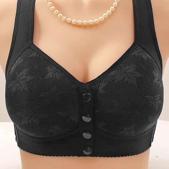 Women's Front Snap Closure Lace Bra, Floral Wide Strap Full Support Comfortable Soft Cup Everyday Brassiere for Elder Black Comfy Bras for Lady No Underwire M