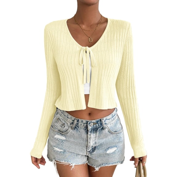 Women's Front Tie Up Crop Top Shirt Long Sleeve Lace Up Knitted Open Cardigan V Neck Cropped Basic Tees