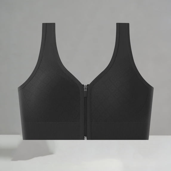 Women's Front Zip Comfortable Support Bra, Wide Strap Wireless Seamless Sports Brassiere Black One Size