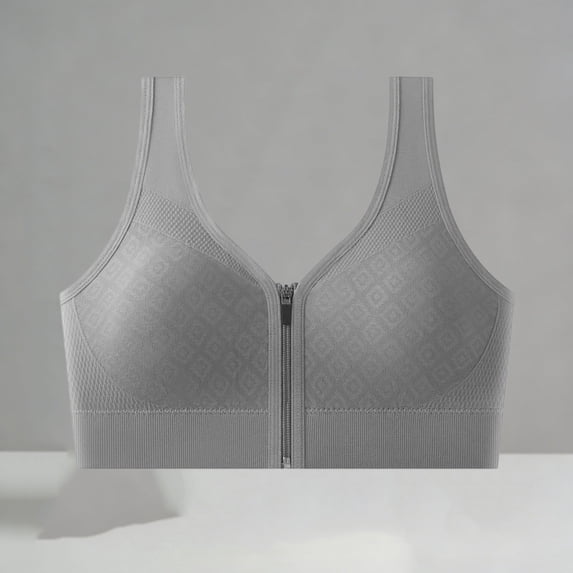 Women's Front Zip Comfortable Support Bra, Wide Strap Wireless Seamless Sports Brassiere Gray One Size