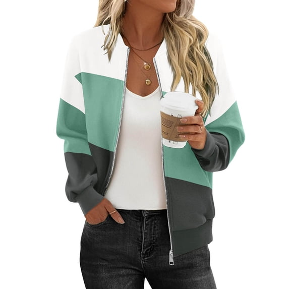 Women's Front Zip Jackets Crew Neck Color Block Knitted Cardigan Stylish Casual Spring Fall Outwear With Pockets (XXL, Light Blue)