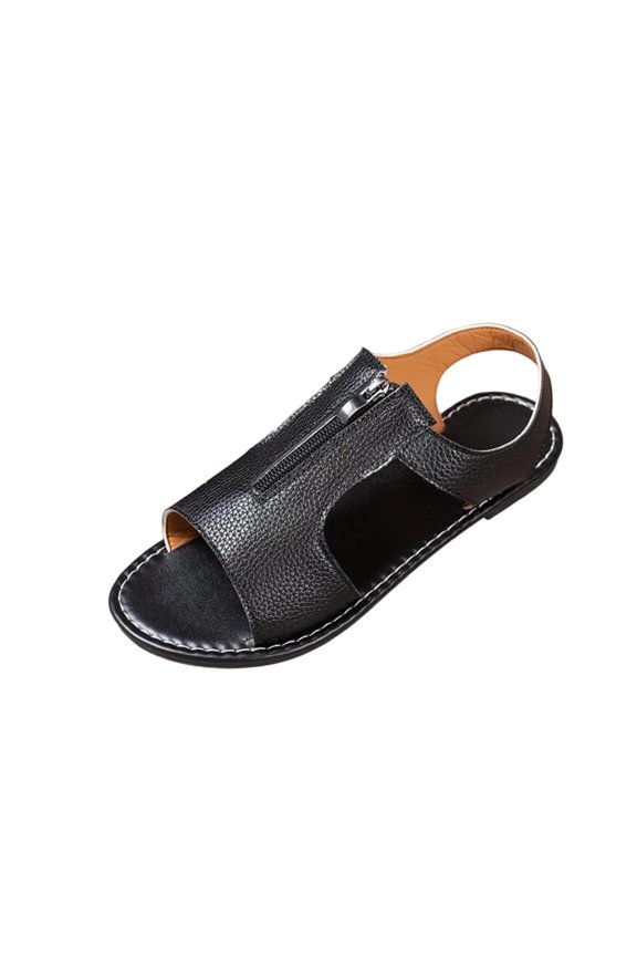 Women's Front Zip T-Strap Open Back Flat Sandals, Pebbled Faux Leather Casual Daily Summer Footwear