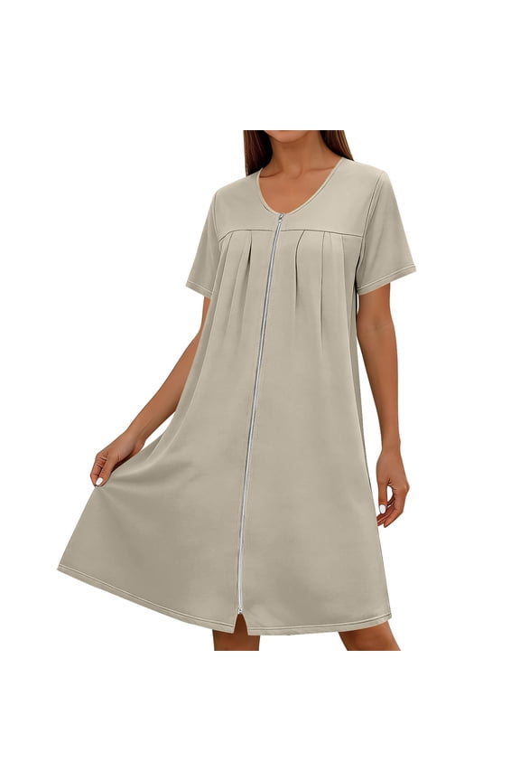 Women's Front Zipper Housecoat, Short Sleeve Pleated Duster Robe, Loose Fit Casual Nightgown Loungewear with Pockets