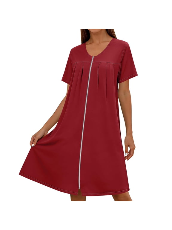 Women's Front Zipper Housecoat, Short Sleeve Pleated Duster Robe, Loose Fit Casual Nightgown Loungewear with Pockets