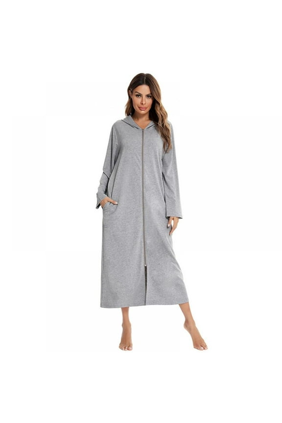 Women's Front Zipper Robe Coat With Pocket Modal Soft Bathrobe Hooded Solid Long Sleeve Gown Night Wear