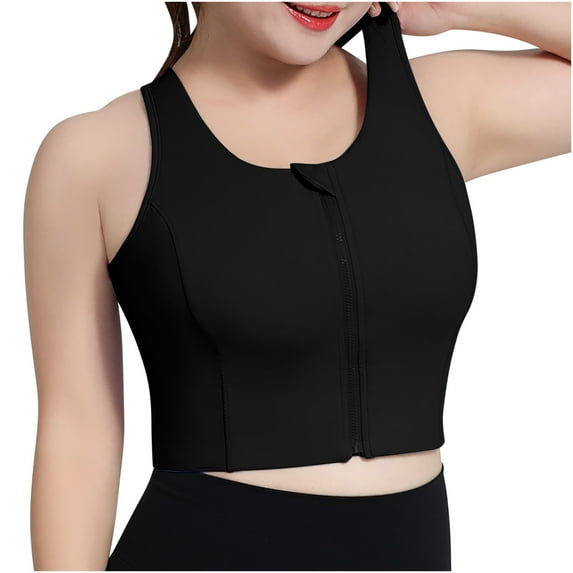 Women's Front Zipper Sports Bras for Large Bust Running Racerback Gathering Longline Bra Plus Size Workout Crop Tank Tops, Black, M