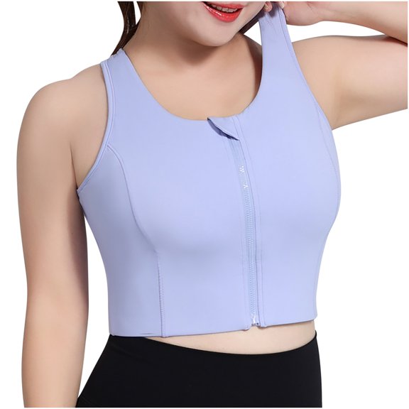 Women's Front Zipper Sports Bras for Large Bust Running Racerback Gathering Longline Bra Plus Size Workout Crop Tank Tops, Purple, L