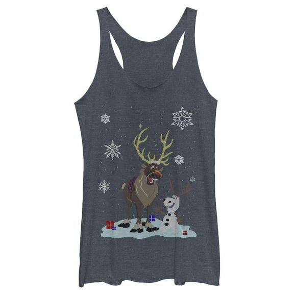 Women's Frozen Christmas Sweater Friends  Racerback Tank Top Navy Blue Heather Large