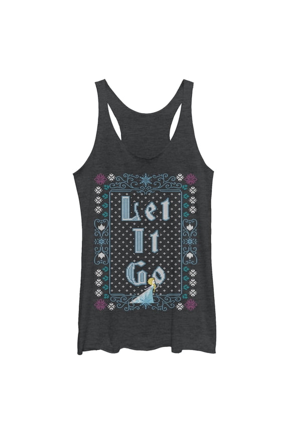 Women's Frozen Let Go Knit Pattern Racerback Tank Top Black Heather Medium
