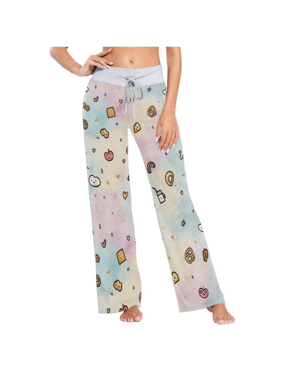 Women's Fruit Cookies Comfy Stretch Wide Leg Pajama Pants, Drawstring Waist Casual Lounge Pants